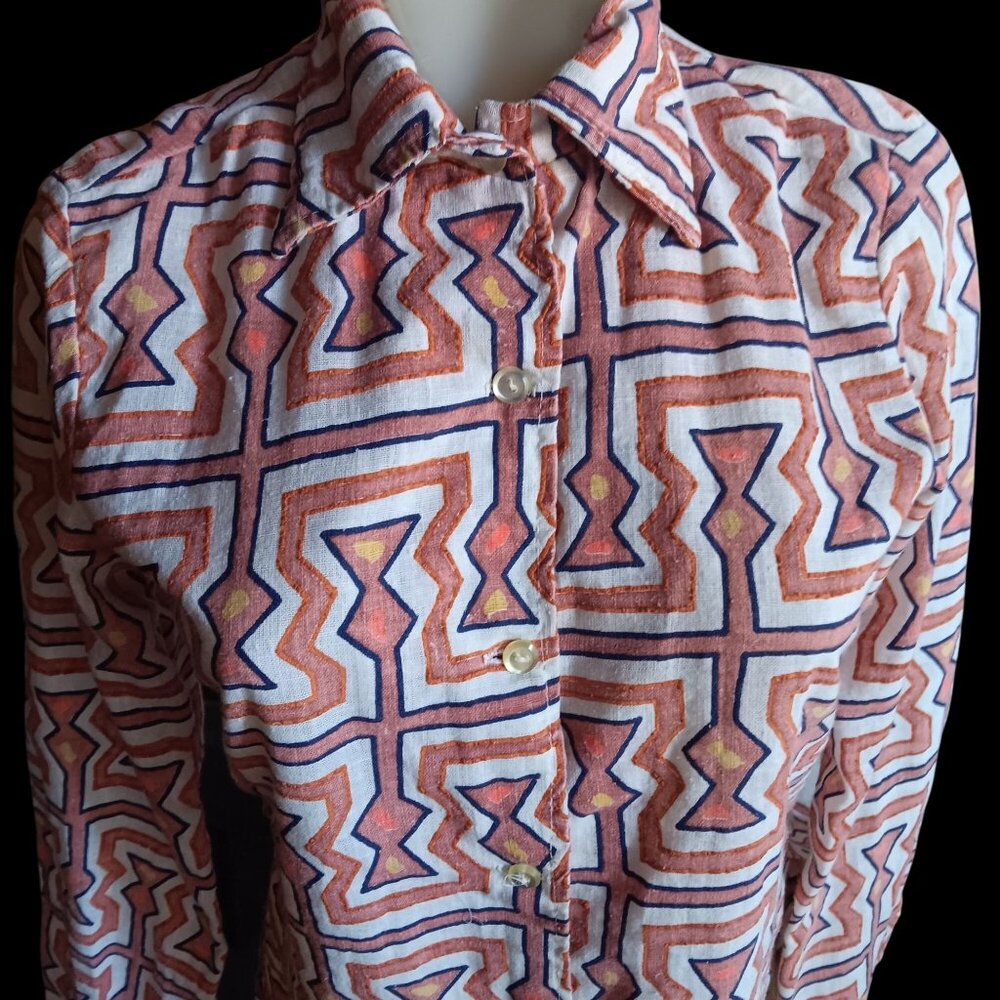 Vintage Womens Medium Aztec Shirt Button-Up Geometric Abstract Boho 1970's Mom